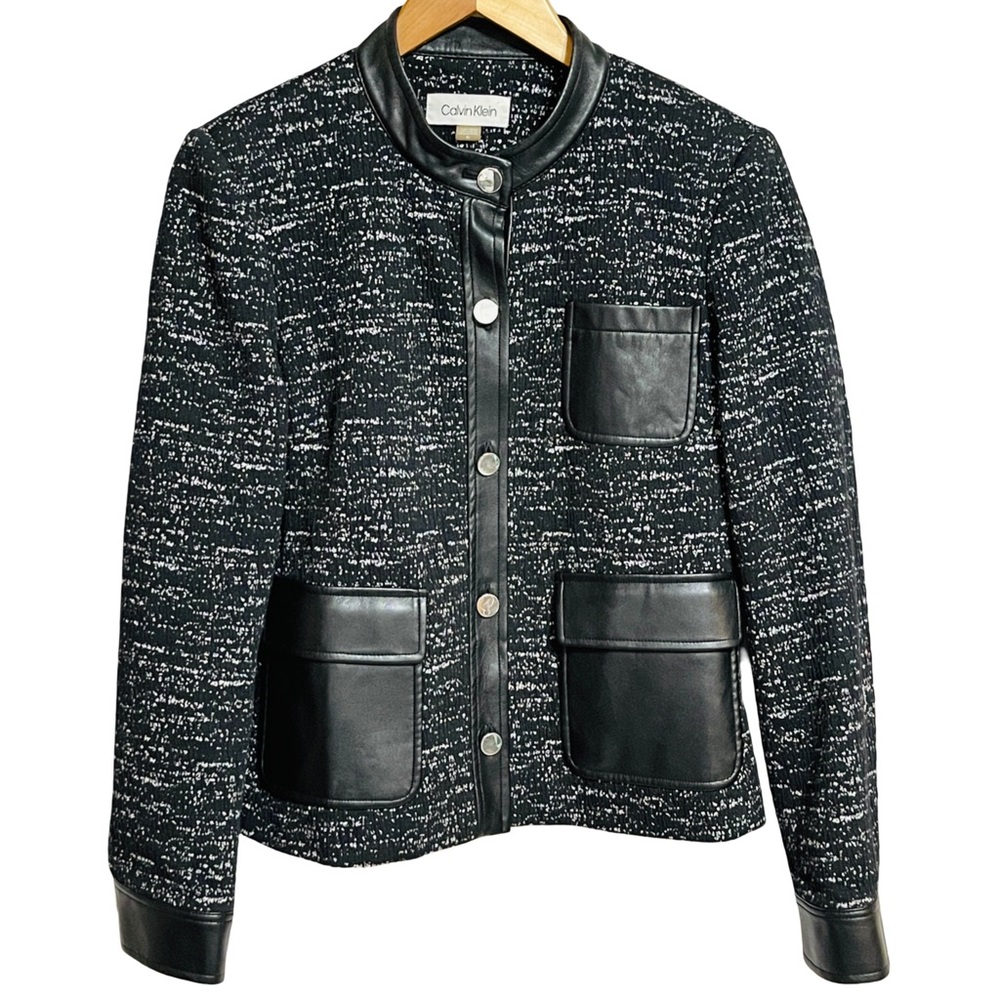 Calvin Klein Tweed Textured Jacket Ponte Button Front Size 10 Vegan Leather Trim